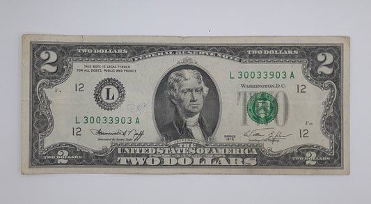 1976 United States of America - 2 (Two) US Dollars Federal Reserve Banknote P-461 Serial No. L 30033903 A