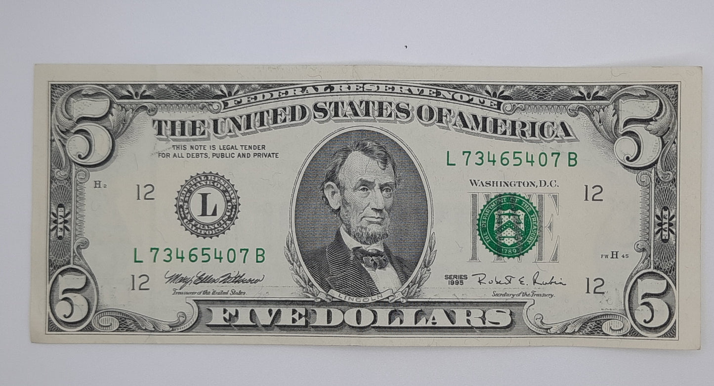 1995 United States of America - 5 (Five) US Dollars Federal Reserve Banknote P-453 Serial No. L 73465407 B