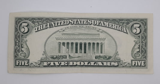 1995 United States of America - 5 (Five) US Dollars Federal Reserve Banknote P-453 Serial No. L 73465407 B