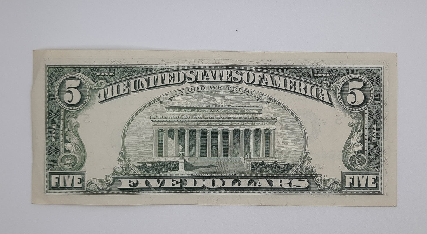 1995 United States of America - 5 (Five) US Dollars Federal Reserve Banknote P-453 Serial No. E 66255962 C