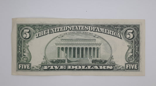 1995 United States of America - 5 (Five) US Dollars Federal Reserve Banknote P-453 Serial No. E 66255962 C
