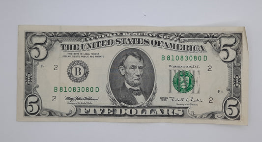 1995 United States of America - 5 (Five) US Dollars Federal Reserve Banknote P-453 Serial No. B 81083080 D