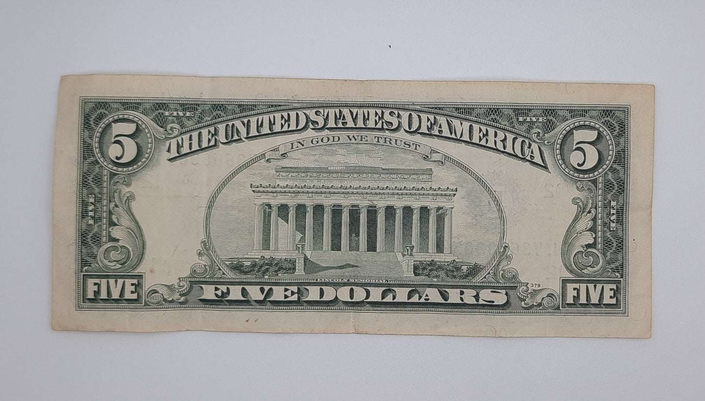 1988 United States of America - 5 (Five) US Dollars Federal Reserve Banknote P-453 Serial No. L 73668305 A