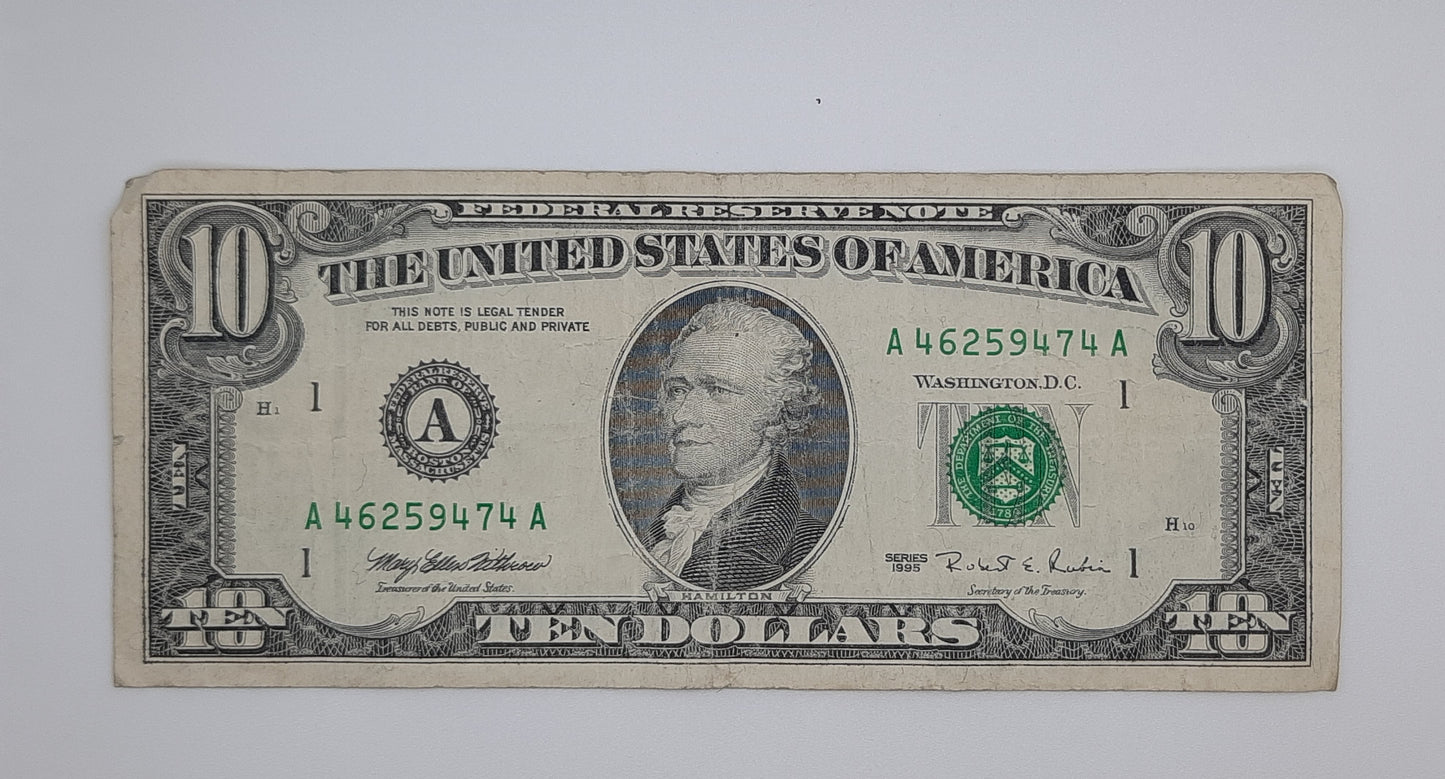 1995 United States of America - 10 (Ten) US Dollars Federal Reserve Banknote P-454 Serial No. A 46259474 A