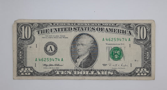 1995 United States of America - 10 (Ten) US Dollars Federal Reserve Banknote P-454 Serial No. A 46259474 A