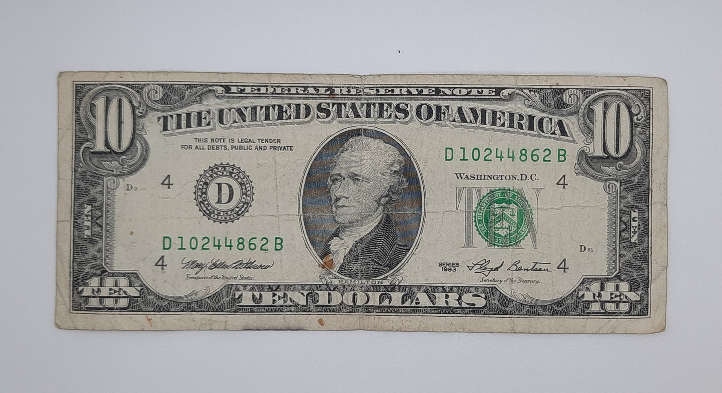 1993 United States of America - 10 (Ten) US Dollars Federal Reserve Banknote P-454 Serial No. D 10244862 B