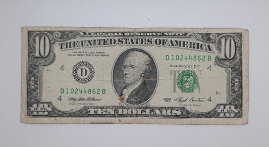 1993 United States of America - 10 (Ten) US Dollars Federal Reserve Banknote P-454 Serial No. D 10244862 B