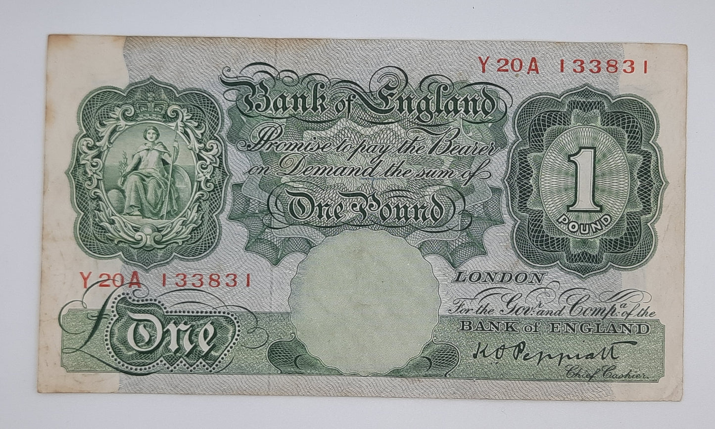 1948 Bank of ENGLAND, UK - £1 (One) British Pound Banknote Serial No. Y20A 133831 P-369c