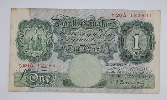 1948 Bank of ENGLAND, UK - £1 (One) British Pound Banknote Serial No. Y20A 133831 P-369c