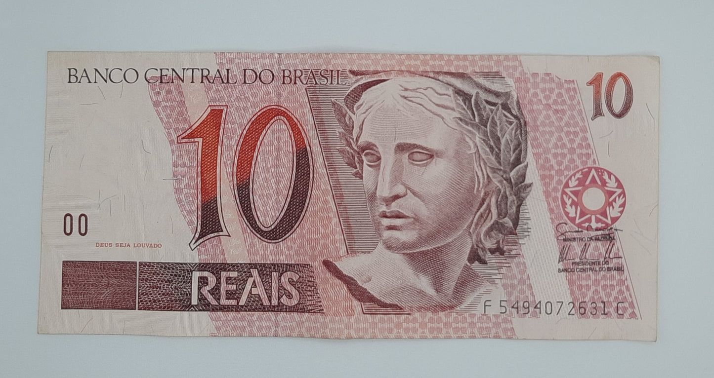 1997 Brazil, Banco Central Do Brasil - 10 Brazilian Reais Real Banknote P-245am Serial No. F 5494072631 C