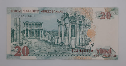2005 Central Bank of TURKEY - 20 Turkish Lira Banknote Serial No. I22 415450 P-219a.2