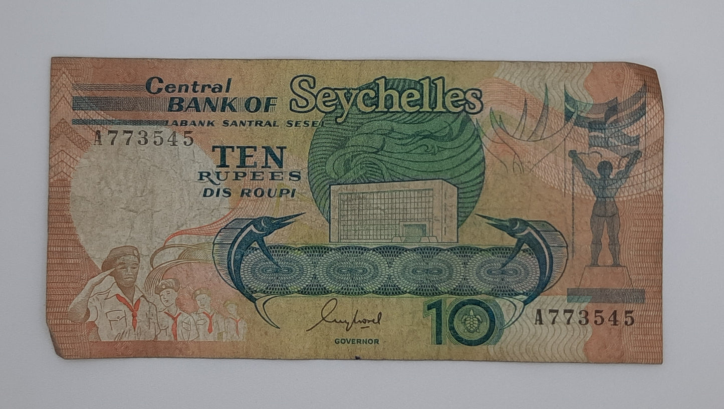 1989 Central Bank of Seychelles - 10 Rupees Banknote Serial No. A 773545 P-32