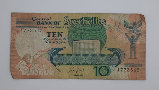 1989 Central Bank of Seychelles - 10 Rupees Banknote Serial No. A 773545 P-32