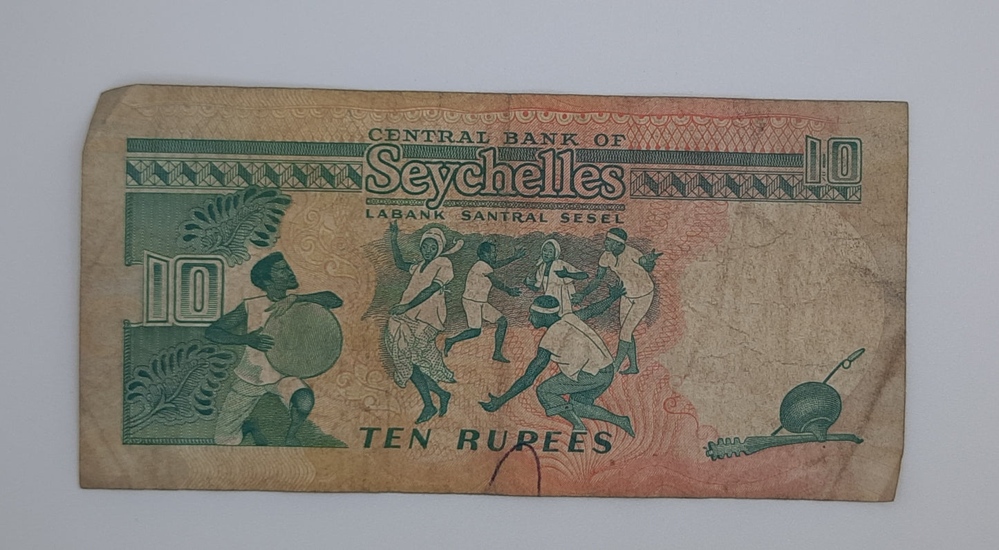 1989 Central Bank of Seychelles - 10 Rupees Banknote Serial No. A 773545 P-32