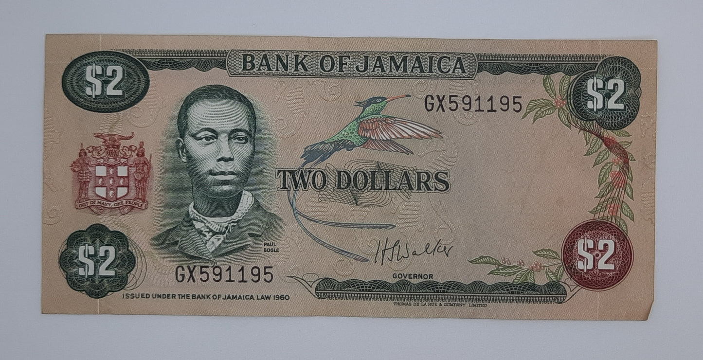 1976 Jamaica, Bank of Jamaica - 2 Jamaican Dollars Banknote P-60a Serial No. GX 591195