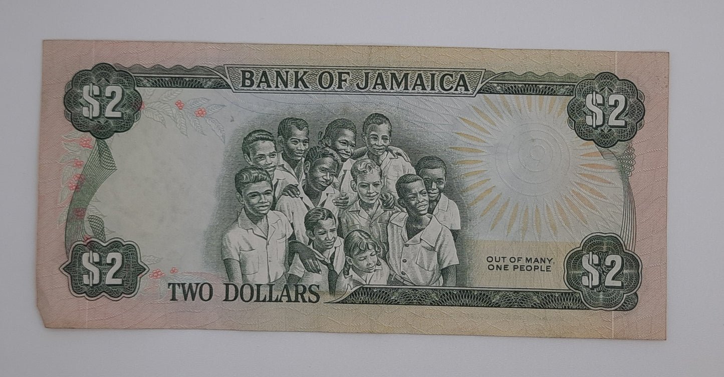 1976 Jamaica, Bank of Jamaica - 2 Jamaican Dollars Banknote P-60a Serial No. GX 591195