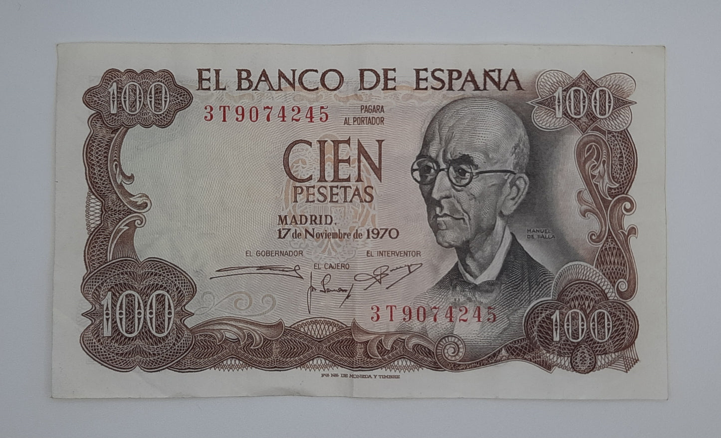 1970 Spain, Banco De Espana - 100 Spanish Pesetas Banknote ESP P-152 Serial No 3T 9074245