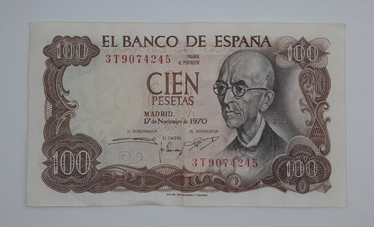 1970 Spain, Banco De Espana - 100 Spanish Pesetas Banknote ESP P-152 Serial No 3T 9074245