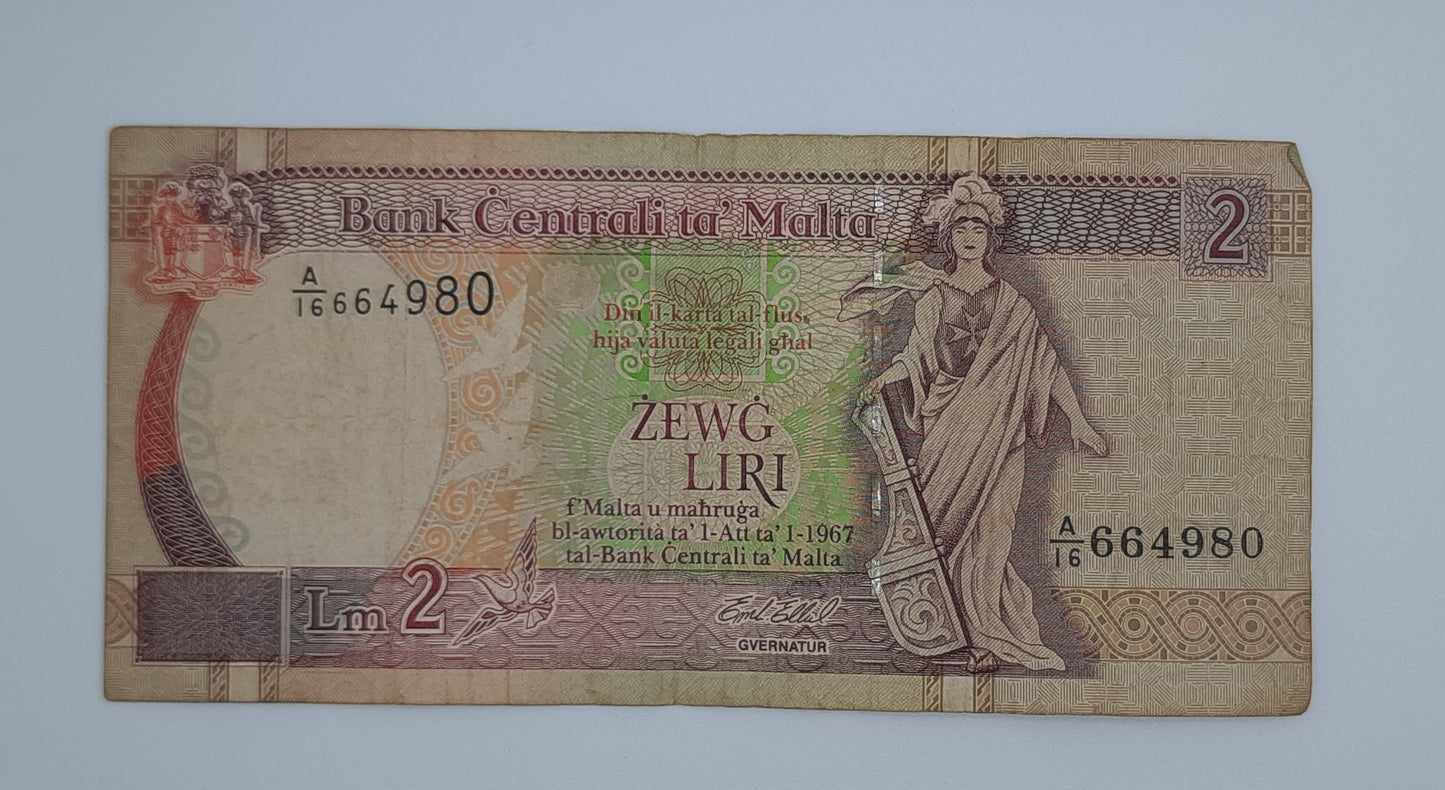 1994 Bank Centrali ta' Malta - 2 Maltese Pounds / Lira Banknote P-45c Serial No. A16 664980