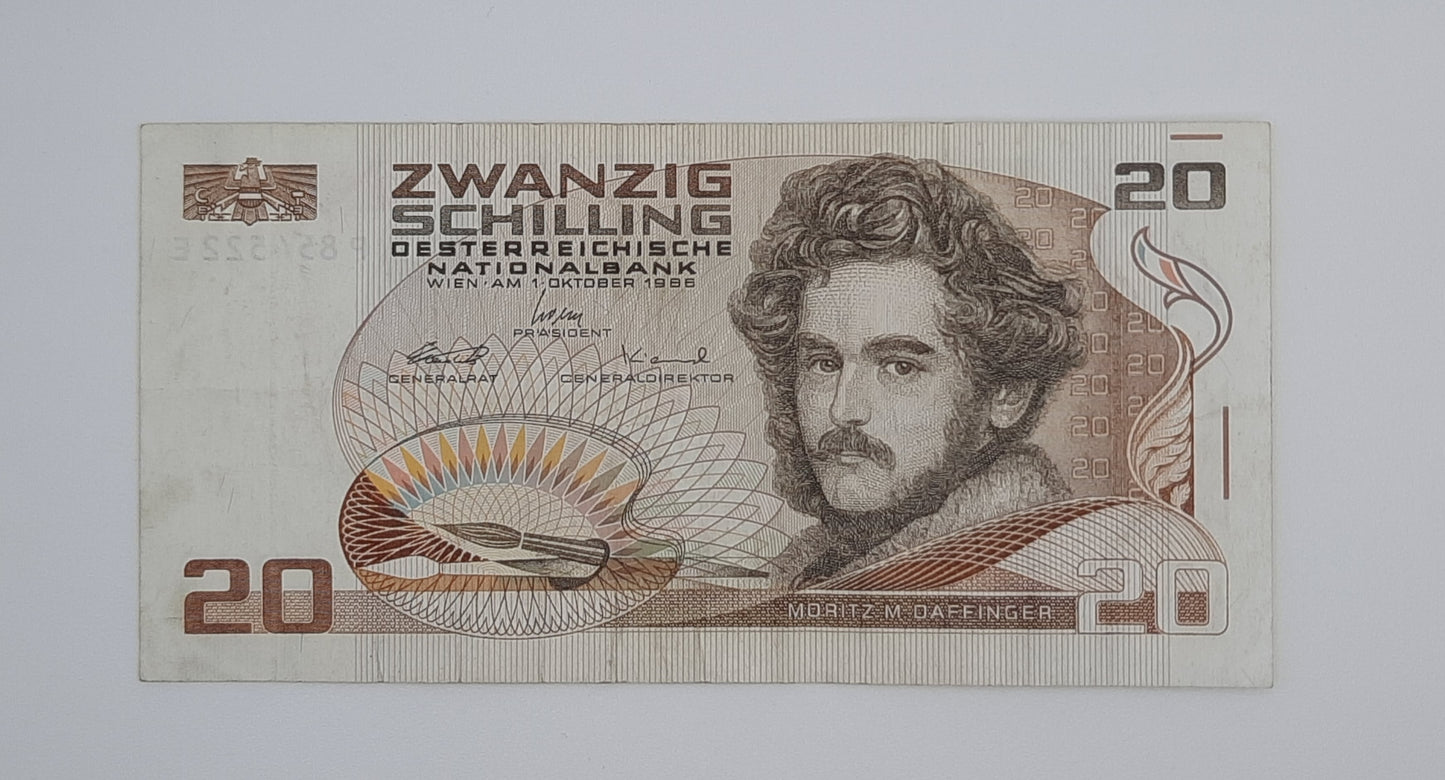 1986 Austria, Austrian National Bank - 20 Austrian Schilling Banknote P-151a Serial No. P 854522 E