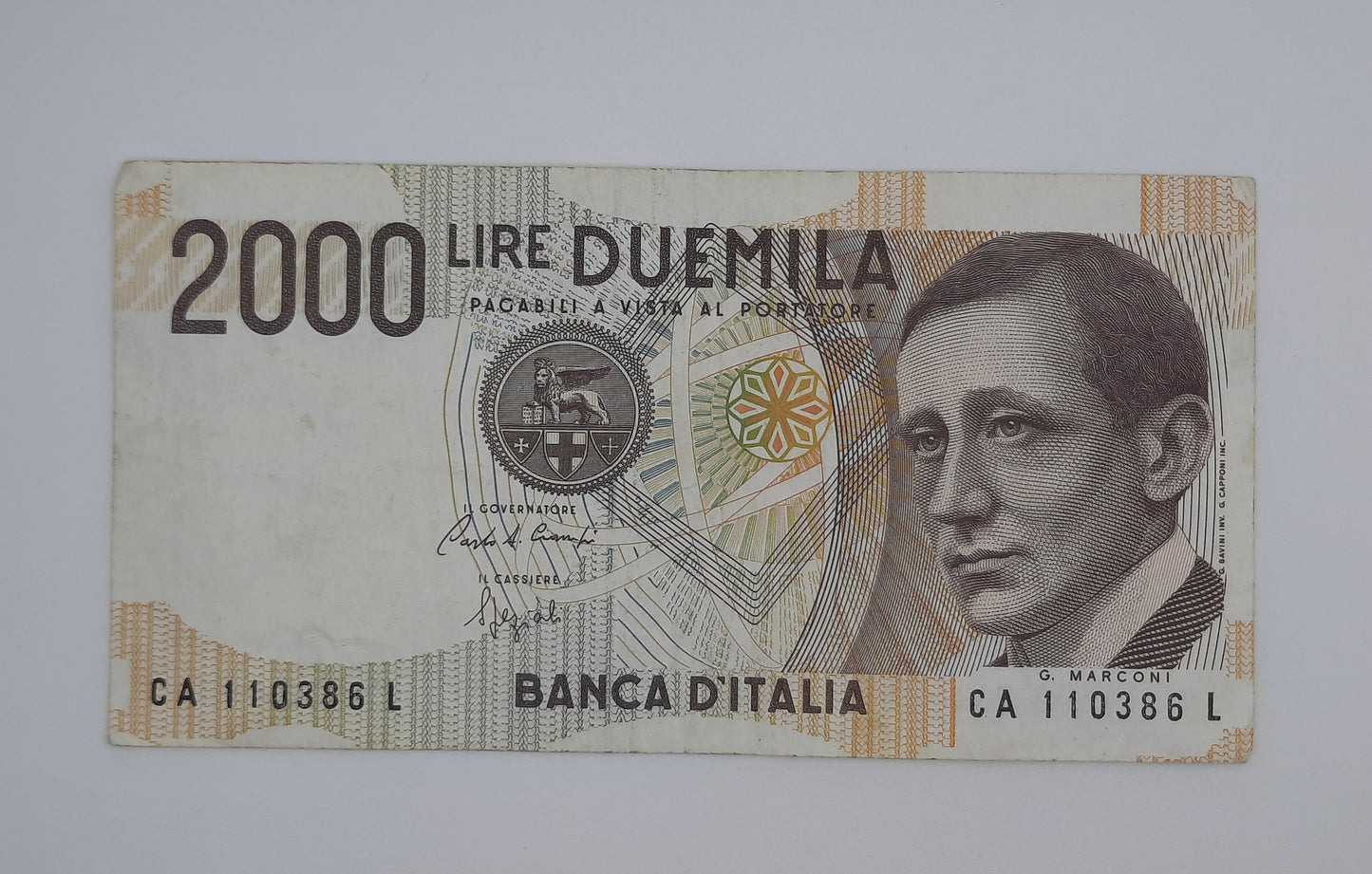 1990 Banca D'Italia, Italy - 2000 Italian Lire ITL Banknote P-115 Serial No. CA 110386 L
