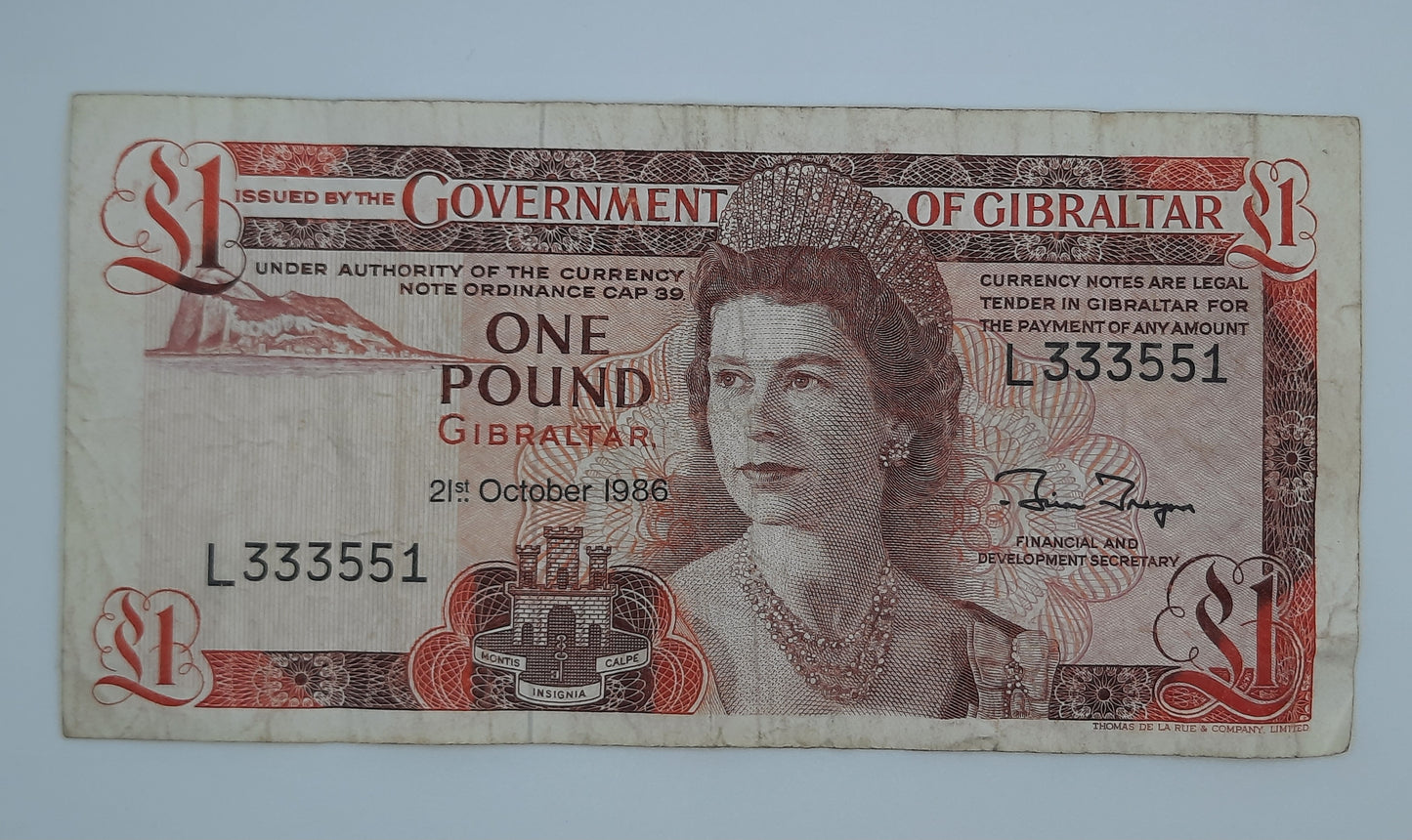 1986 Government of Gibraltar - £1 (One) Gibraltar Pound Banknote First Run Serial No. L 3335513 P-20D