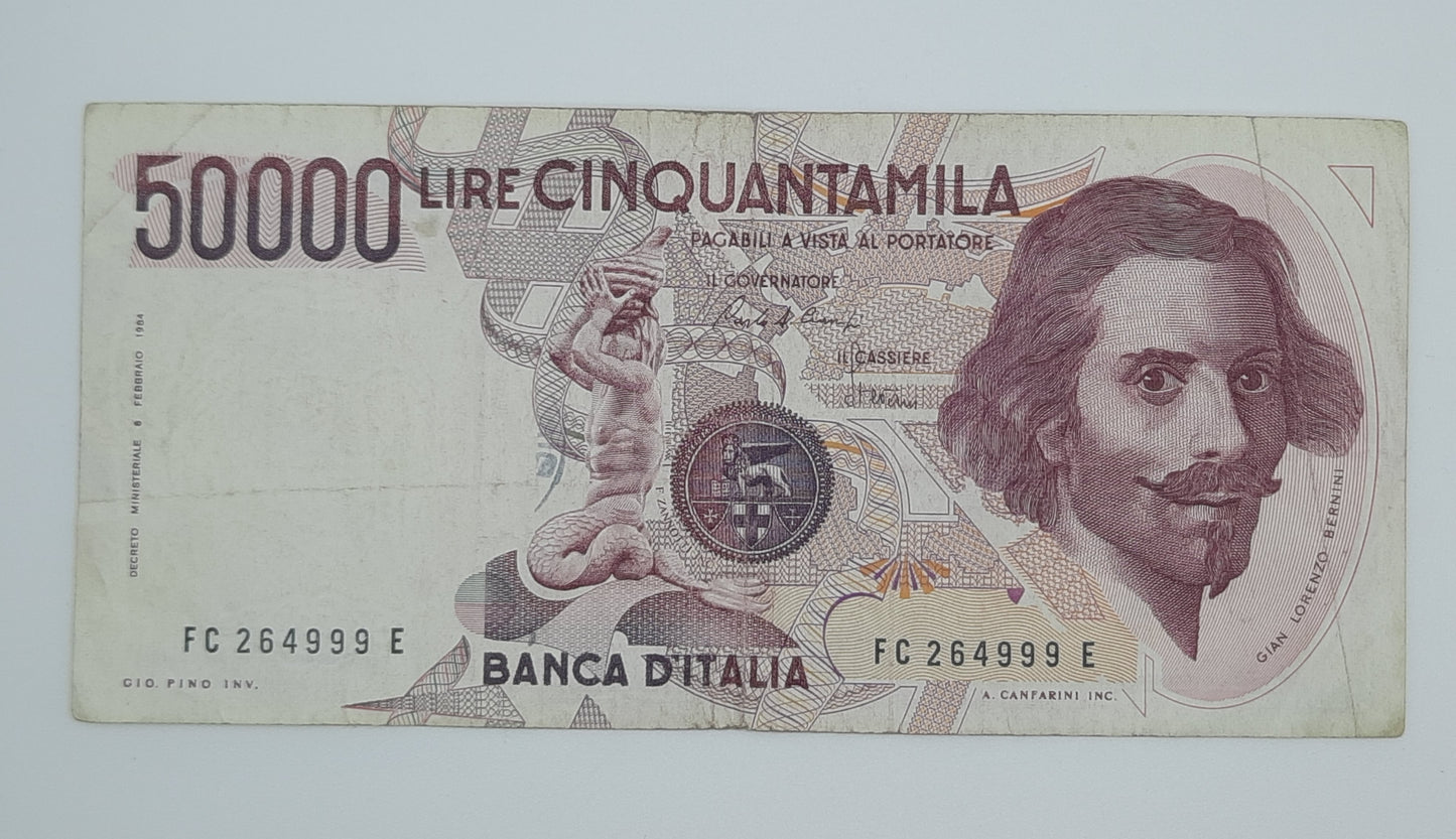 1984 Banca D'Italia, Italy - 50000 Italian Lire ITL Banknote P-113 Serial No. FC 264999 E