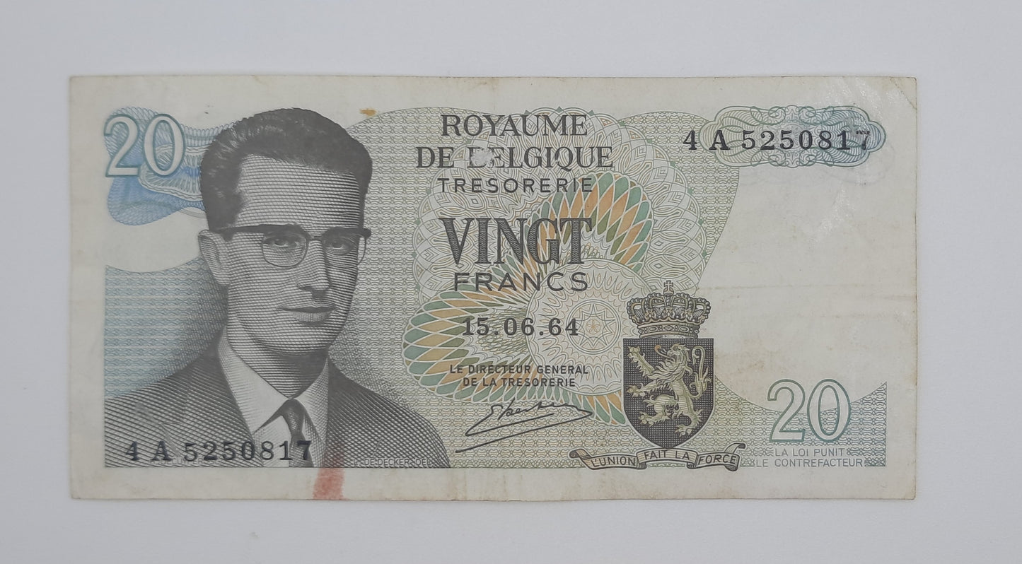 1964 Belgium, Banque Nationale Belgique - 20 Belgian Francs Banknote Serial No. 4A 5250817 P-138