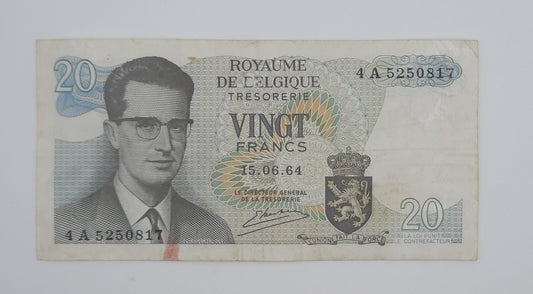 1964 Belgium, Banque Nationale Belgique - 20 Belgian Francs Banknote Serial No. 4A 5250817 P-138