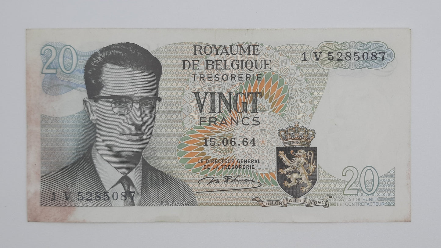1964 Belgium, Banque Nationale Belgique - 20 Belgian Francs Banknote Serial No. 1V 5285087 P-138