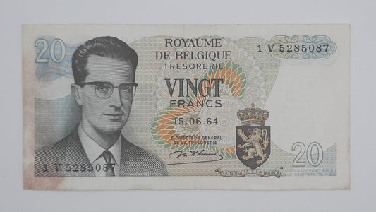 1964 Belgium, Banque Nationale Belgique - 20 Belgian Francs Banknote Serial No. 1V 5285087 P-138