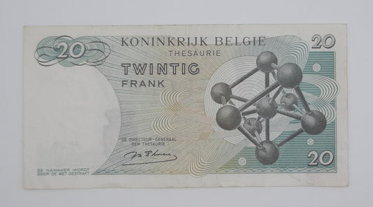 1964 Belgium, Banque Nationale Belgique - 20 Belgian Francs Banknote Serial No. 1V 5285087 P-138