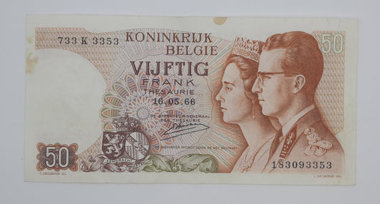 1966 Belgium, Banque Nationale Belgique - 50 Belgian Francs Banknote Serial No. 733 K 3353 P-139a