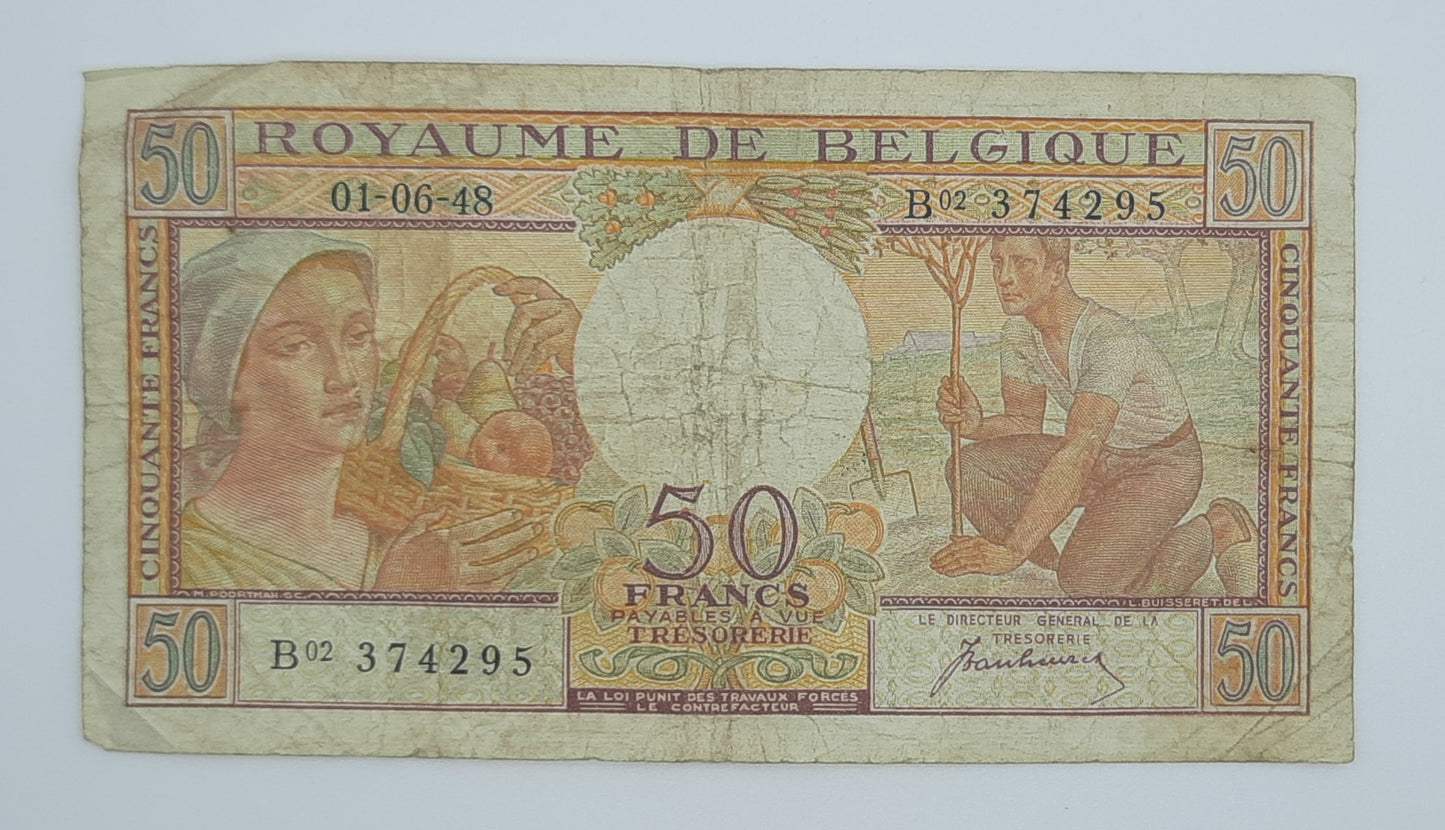1948 Belgium, Banque Nationale Belgique - 50 Belgian Francs Banknote Serial No. B02 374295 P-133a