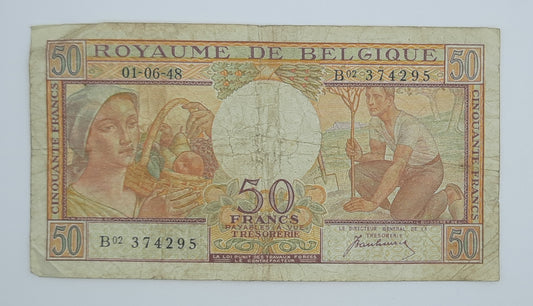 1948 Belgium, Banque Nationale Belgique - 50 Belgian Francs Banknote Serial No. B02 374295 P-133a