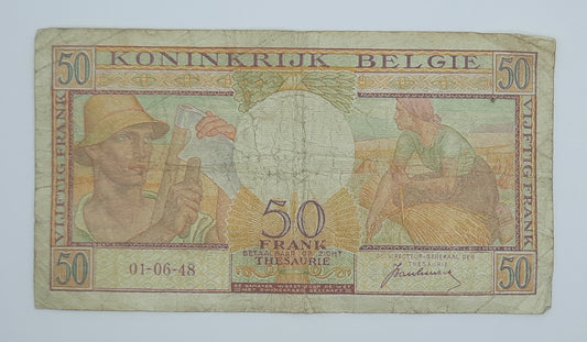 1948 Belgium, Banque Nationale Belgique - 50 Belgian Francs Banknote Serial No. B02 374295 P-133a