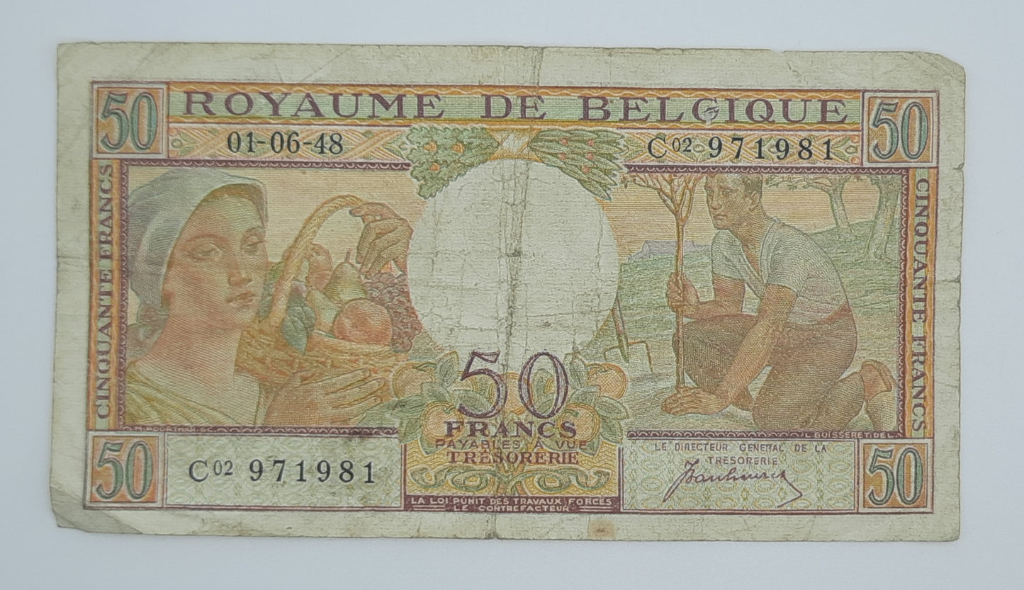 1948 Belgium, Banque Nationale Belgique - 50 Belgian Francs Banknote Serial No. C02 971981 P-133a