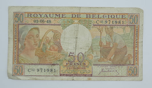 1948 Belgium, Banque Nationale Belgique - 50 Belgian Francs Banknote Serial No. C02 971981 P-133a