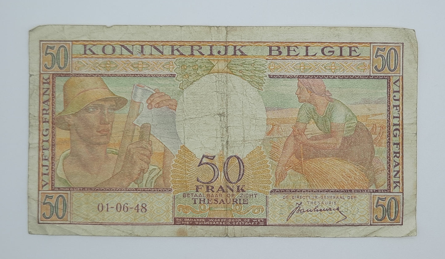 1948 Belgium, Banque Nationale Belgique - 50 Belgian Francs Banknote Serial No. C02 971981 P-133a