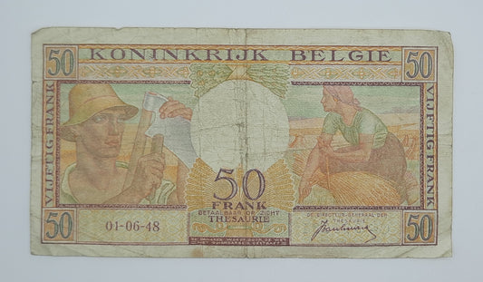 1948 Belgium, Banque Nationale Belgique - 50 Belgian Francs Banknote Serial No. C02 971981 P-133a
