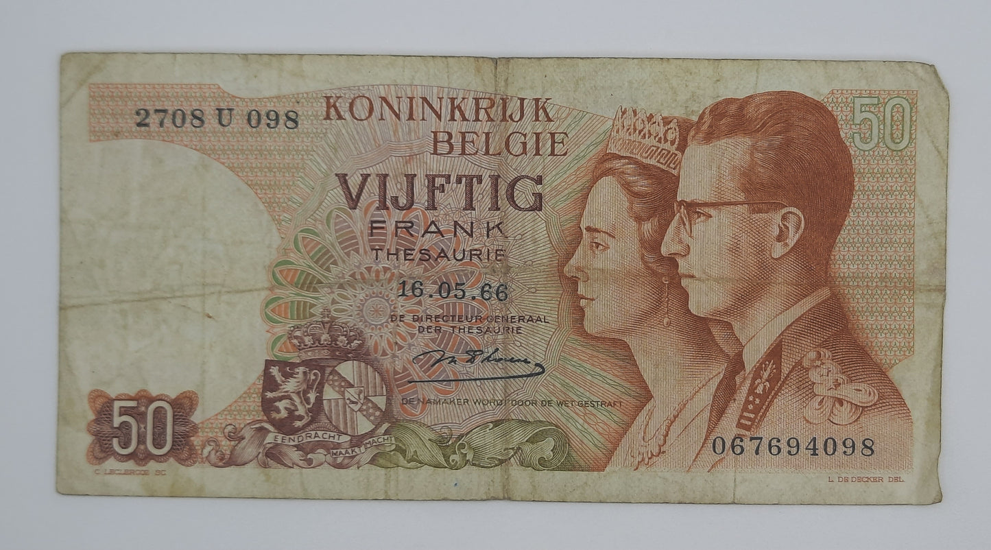 1966 Belgium, Banque Nationale Belgique - 50 Belgian Francs Banknote Serial No. 2708 U 098 P-139a