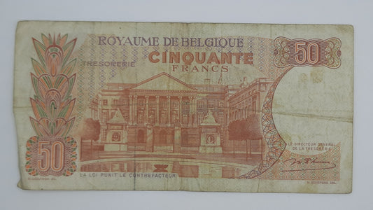 1966 Belgium, Banque Nationale Belgique - 50 Belgian Francs Banknote Serial No. 2708 U 098 P-139a