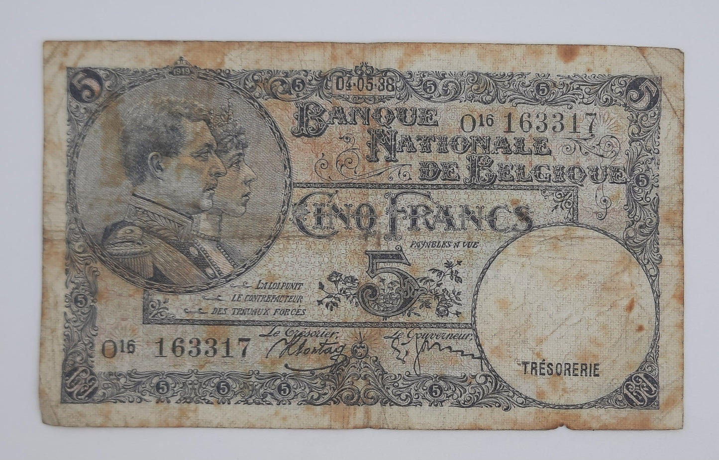 1938 Belgium, Banque Nationale Belgique - 5 (Five) Belgian Francs Banknote Serial No. O16 163317 P-108a