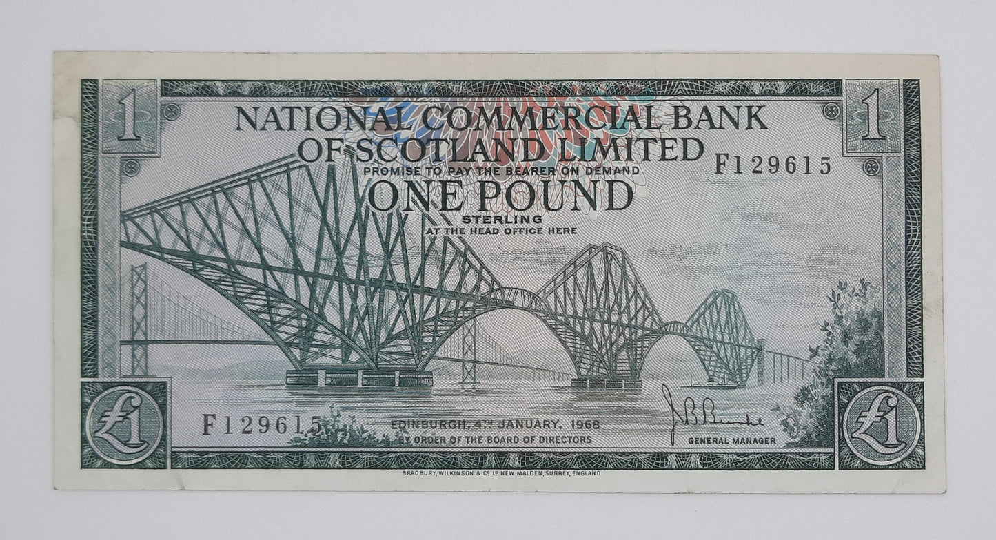 1968 The National Commercial Bank of Scotland UK - £1 (One) Scottish Pound Banknote Serial No. F1 29615 P-274a