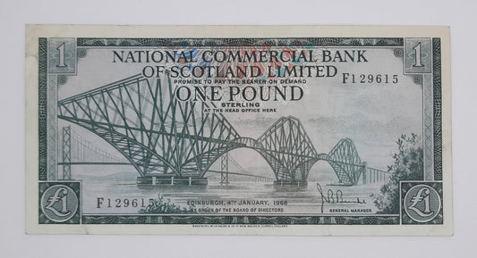 1968 The National Commercial Bank of Scotland UK - £1 (One) Scottish Pound Banknote Serial No. F1 29615 P-274a