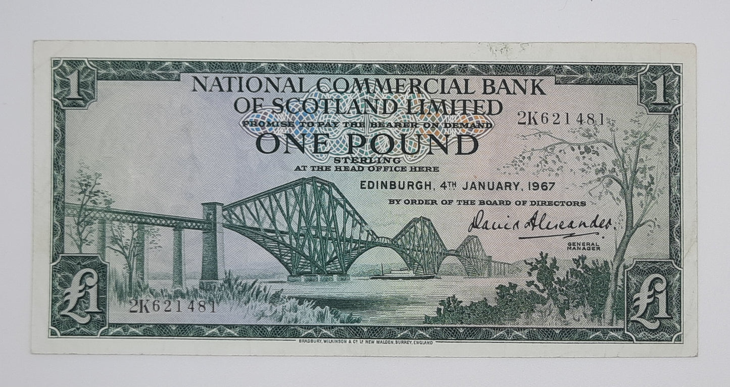 1967 The National Commercial Bank of Scotland UK - £1 (One) Scottish Pound Banknote Serial No. 2K 621481 P-271