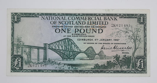 1967 The National Commercial Bank of Scotland UK - £1 (One) Scottish Pound Banknote Serial No. 2K 621481 P-271