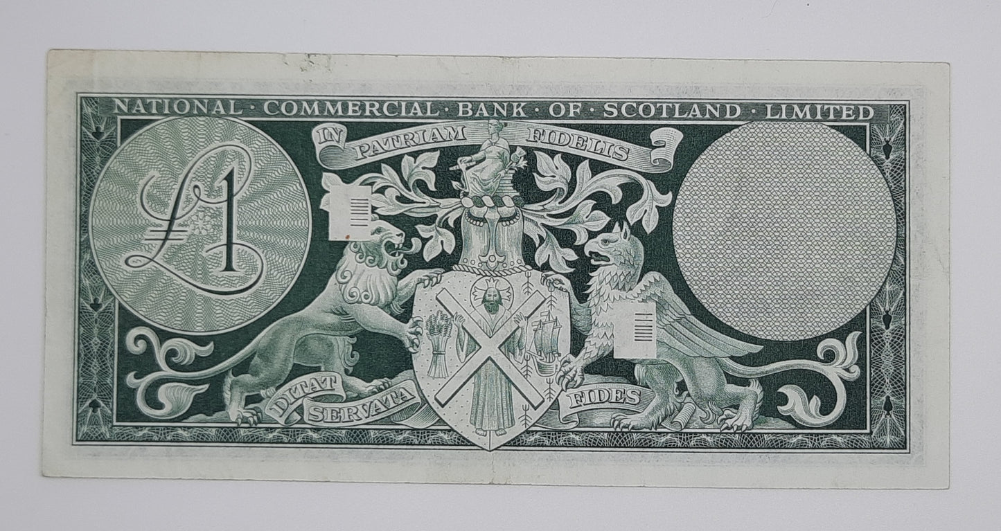 1967 The National Commercial Bank of Scotland UK - £1 (One) Scottish Pound Banknote Serial No. 2K 621481 P-271