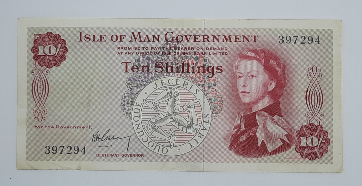 1961 Isle of Man Government - 10 (Ten) Shillings Manx Banknote Serial No. 397294 P-24a