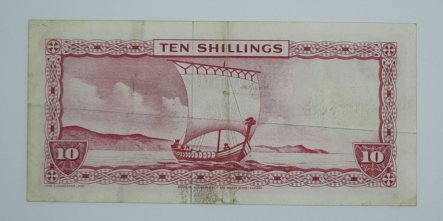1961 Isle of Man Government - 10 (Ten) Shillings Manx Banknote Serial No. 397294 P-24a